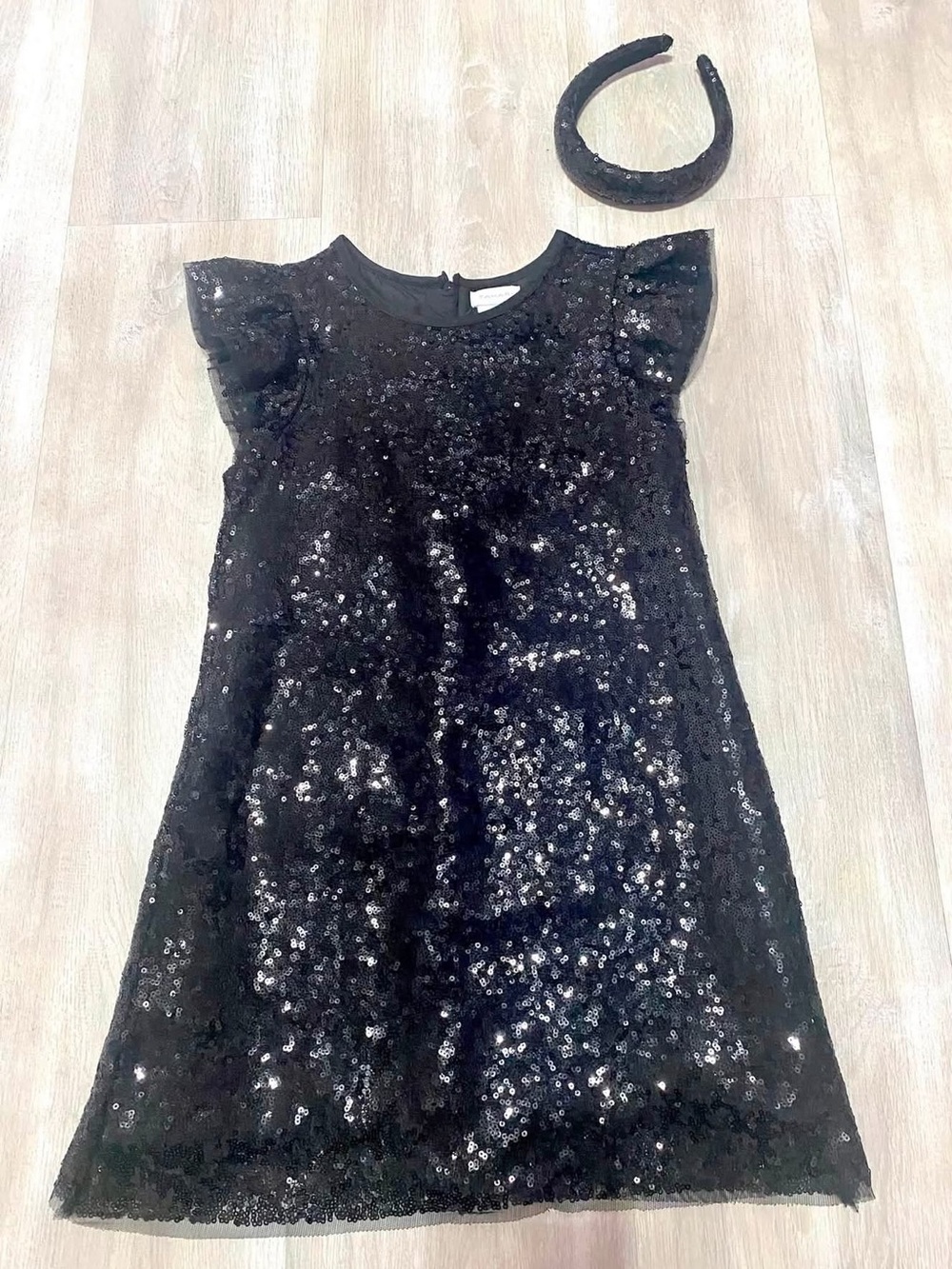 Tahari Black Sequin Dress with Flutter Sleeves